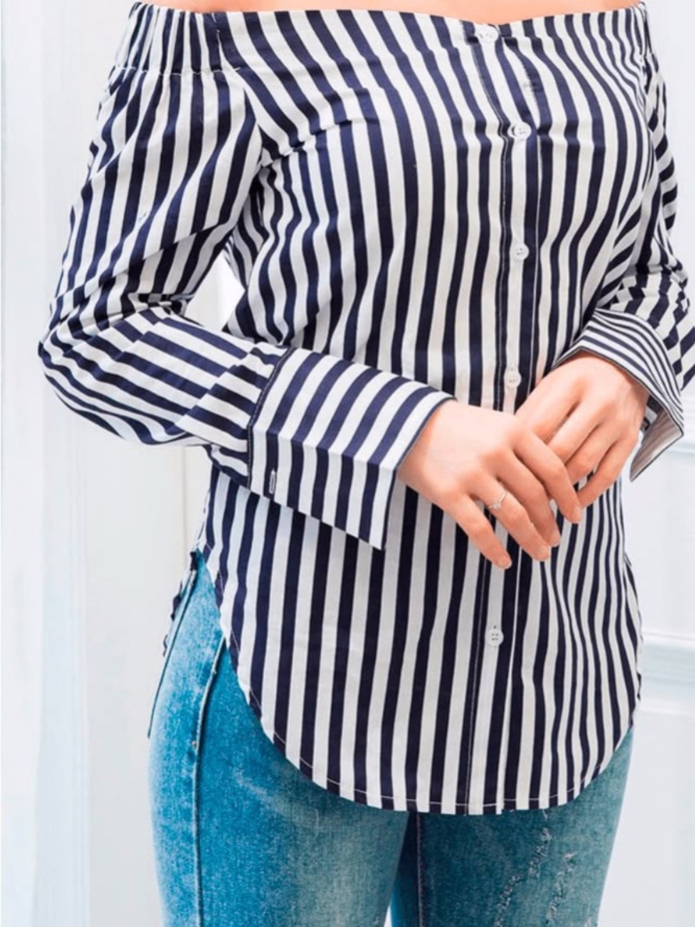 NWT Anself Off The Shoulder Stipulated Button Up Blouse
